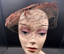 Vintage Brown Feather Pink Bead Net Veil Fascinator 50s-60s