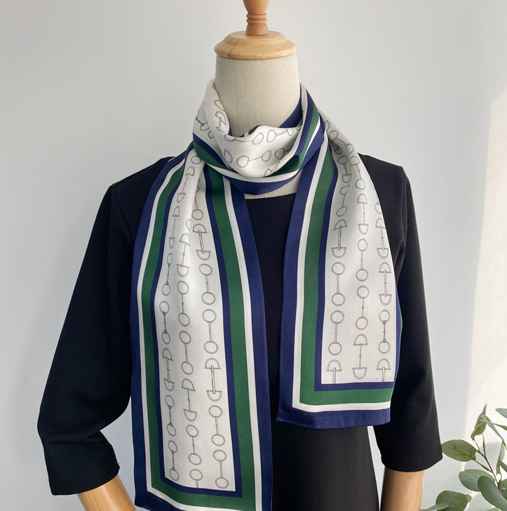 100% Silk Mulberry Scarf 150x16cm Women's Green Horsebit Print Neckerchief Wrap