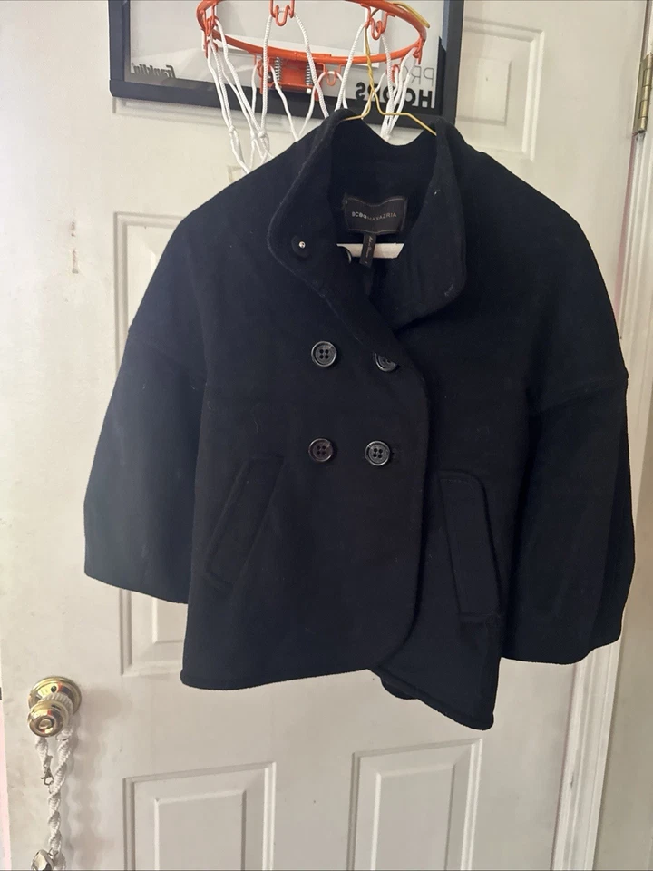 BCBG MAX AZRIA Black Wool Blend Asymmetrical Peacoat Cropped Coat Size XS - Image 2 of 4