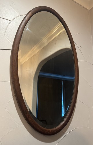 Vintage Oval Wooden Beveled Wall Hanging Mirror Glass H 38”x22” Heavy