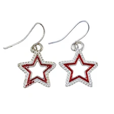 Silver Tone Red Framed Star Dangle Fishhook Earrings