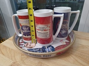 Vintage Thermo-Serv Beer Mugs Pabst Blue Ribbon Michelob Busch Serving Tray  Lot