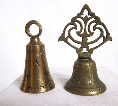2 Vintage Brass India Bells  1 Marked Sarna 1 Says  A Happy New Year 2 1/2'' & 3''