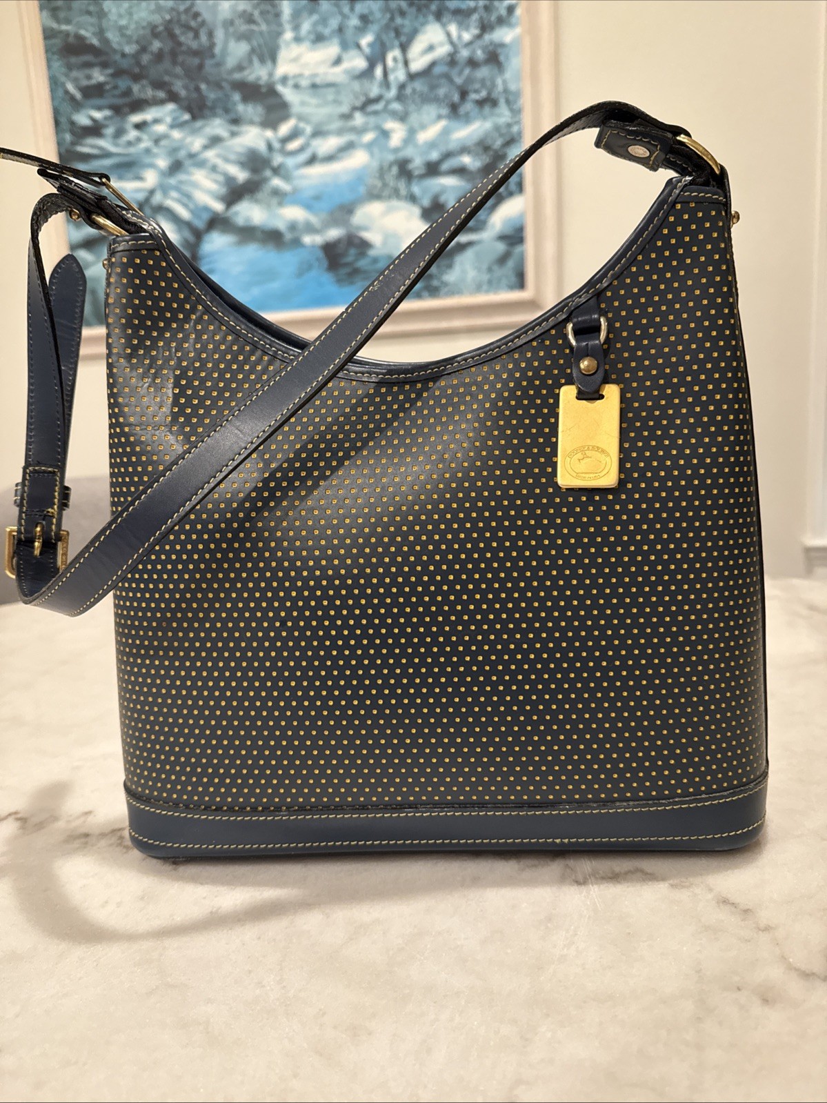 Dooney & Bourke Vintage NAVY BLUE Cabrio Leather Hobo Bag Adj Strap EUC