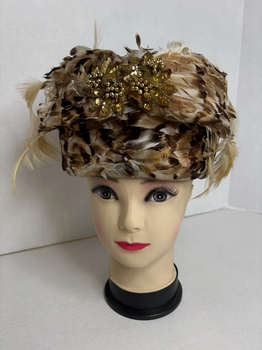 MASTERPIECE JACK MCCONNELL IVORY/BLACK CURLY FEATHER HAT + RHINESTONE BROOCH 1950s Jack McConnell Peacock Feather Rhinestone Hat - MRS  main image 4