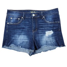 Indigo Rein Womens Dark Wash Distressed Raw Hem Denim Jean Shorts Size 13/30