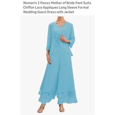 Womens Light Blue Chiffon Lace Formal Pant Suit Set Mother of Bride Wedding