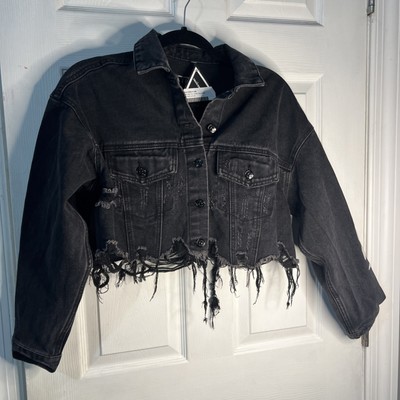 Highway Jeans Cropped Black Destroyed Distressed  Jean Jacket Size s/m Grunge