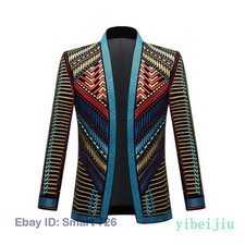 Velvet Embroidery Mens Suit Jacket Luxury Prom Coat Slim Tops Nightclub Costume
