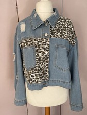 Distressed Denim and Leopard Print Relaxed Fit Jacket with Pockets XL PB32