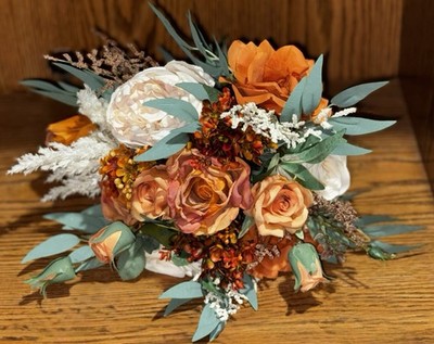 Fall Wedding Bridal Floral Bouquet Real Touch Silk Orange Terracotta Flower