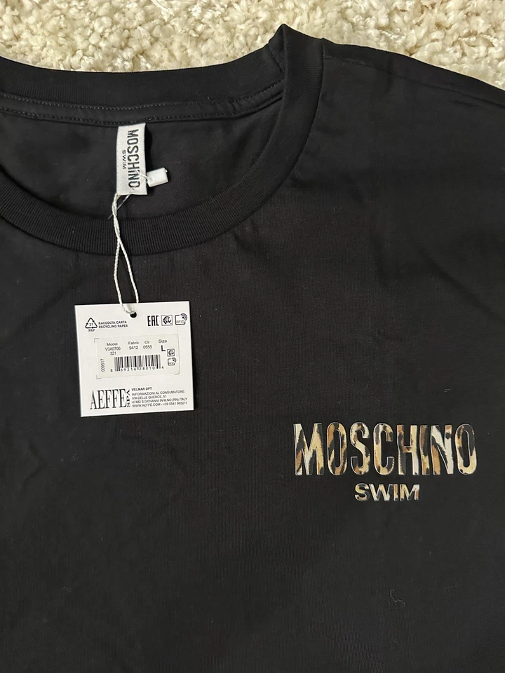 Auténtica Camiseta Moschino Natación Para Hombre Estampado Logotipo Leopardo Negra Talla L Nueva Sin Etiqueta Foto 2 de 3