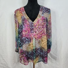 COLDWATER CREEK Size XL 100% Silk Floral Chiffon V-Neck Bow Cuff Detail Blouse