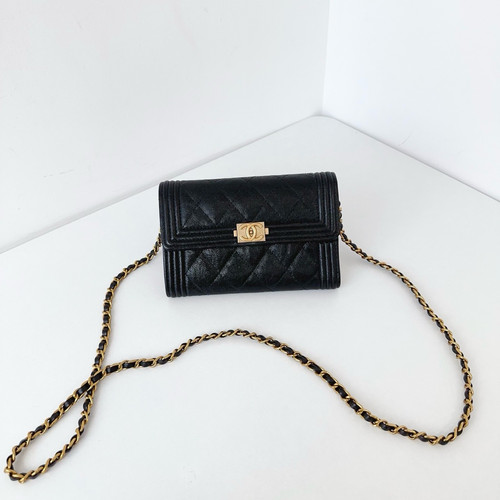 Chanel Leboy Trifold Wallet Detachable Chain Strap Black Calfskin Crossbody
