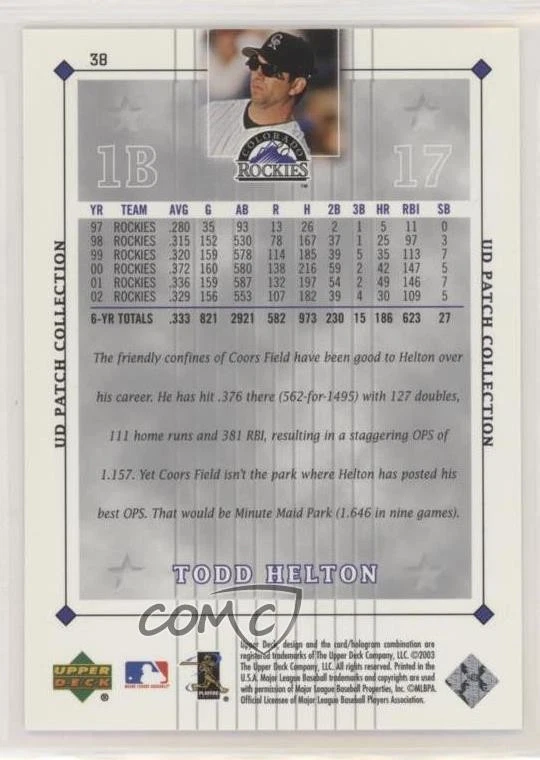 2003 Upper Deck Patch Collection Todd Helton #38 HOF - Image 2 of 2