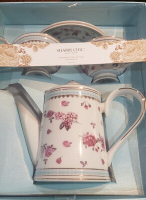 NIB Shabby Chic TEAWARE Blue Trim  PINK ROSES 2 CUP WITH SAUCES & TEAPOT 