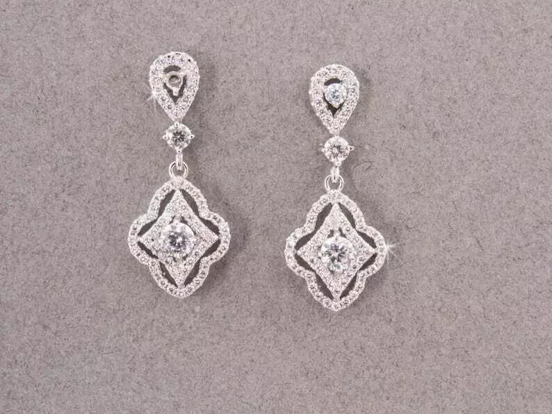 2CT Round Moissanite Dangle Earrings in 14K White Gold Plated
