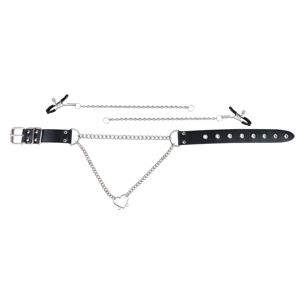 PU Leather Collar With Nipple Clamps SM Bondage Play  Flirt For Couples BDSM