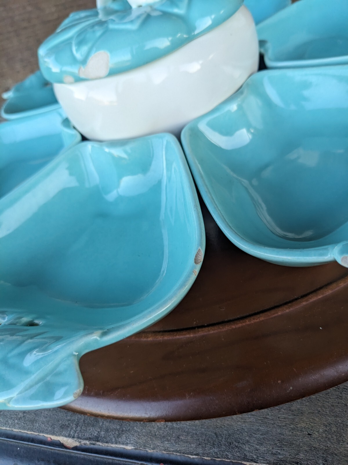 Vintage Hoenig of California Turquoise & White Ceramic Apples Lazy Susan Tray