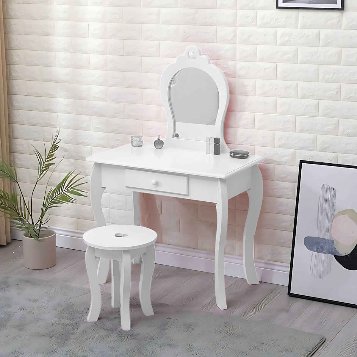 White Dressing Table With Drawer Mirror Vanity Set Stool Girls