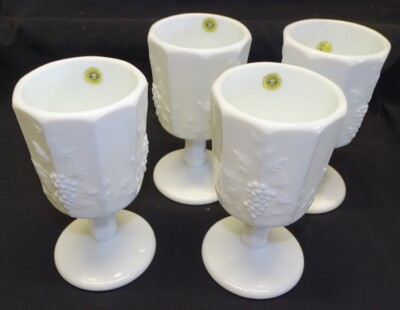 Westmoreland USA Paneled Grape Milk Glass Water Goblet w/Logo & Stickers