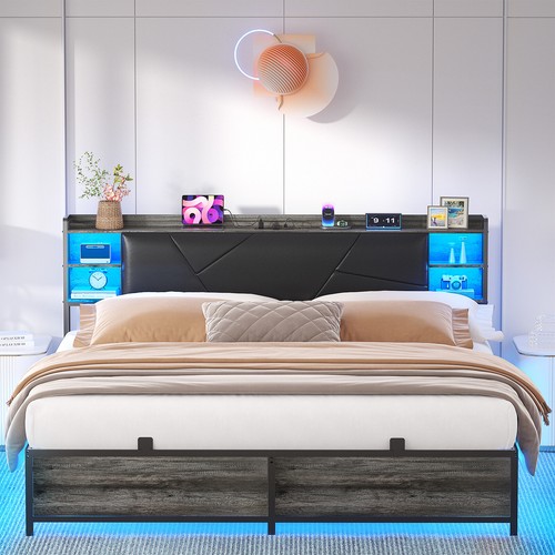 Full/Queen/King Size Bed Frame Upholstered Headboard & Power Outlets - Picture 12 of 21