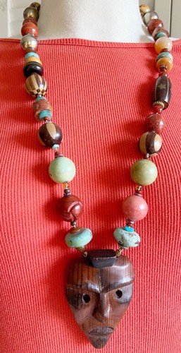 Fantastic Tiki Style Necklace W/Semi Precious Stones Hand Carved Wood Tiki Face - Picture 2 of 8