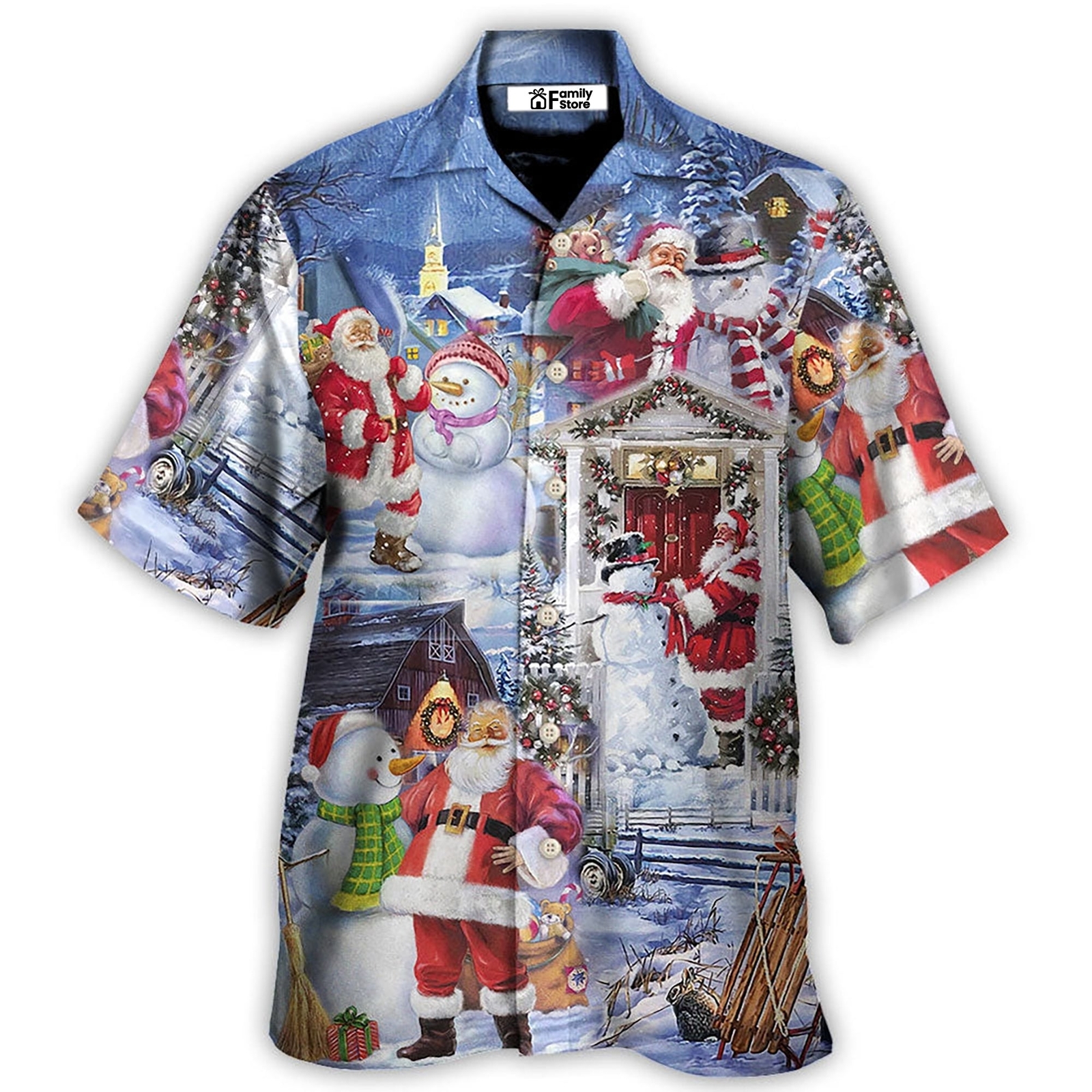Santa And Snowman Festive Holiday Christmas Design On A Vibrant Hawaiian Shirt For Seasonal Cheer And Style