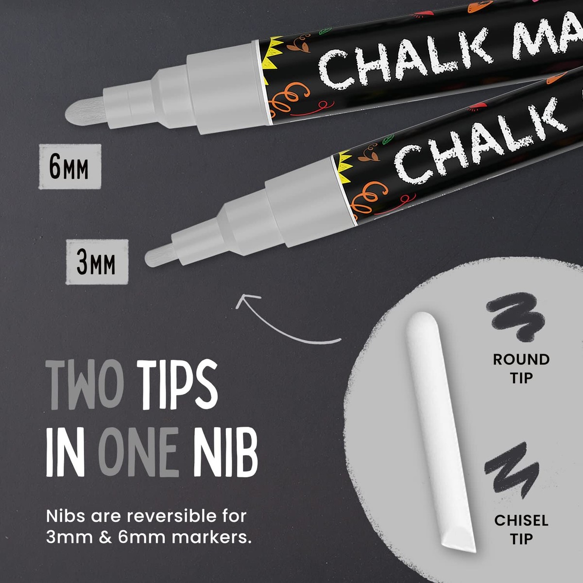 5 Black Chalkboard Chalk Pens - Black Dry Erase Markers for Blackboard, Chalkboard Signs, Windows, Glass | Variety Pack - Fine & Jumbo Size Ink Pen (1mm, 3mm, 6mm, 10mm, 15mm