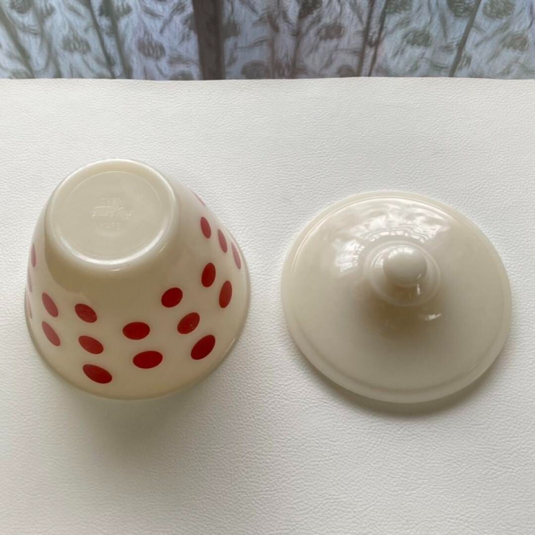 ファイヤーキング　Fire King　グリースジャー　ドット　赤　ヴィンテージ Vintage Red White Polka Dot Fire King Bowl Grease Jar Salt