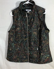 CJ Banks Black Green Floral Quilted Vest Sleeveless NWT X 14W  14 Zip Pockets