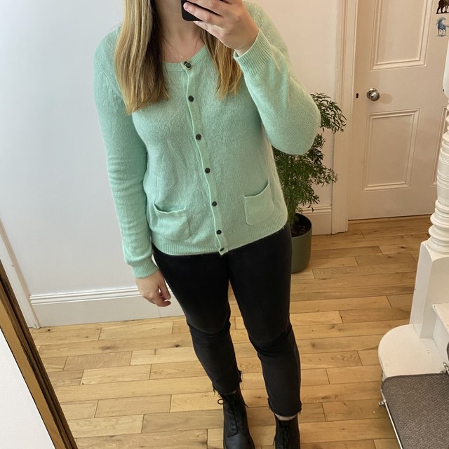 fluffy green cardigan
