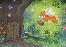 ACEO INCH PRINT OF PAINTING RYTA PEMBROKE WELSH CORGI FAIRY ENCHANTED FOREST ART