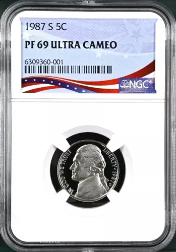 1987-S Proof Jefferson Nickel, Graded PF69UC NGC * OSR Sales Patriotic Label
