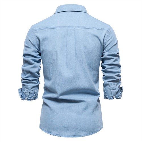 Camisa de mezclilla informal ajustada para hombre Ropa de trabajo Blusa con botones de manga larga - Imagen 7 de 22