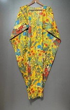 Indian Yellow Frida Handmade Cotton Kaftan Maxi Dress Women's Clothing Gown US