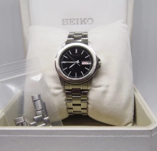 Rare SEIKO Vintage Day-Date Watch Box & Links Black Dial Quartz Made in Japan