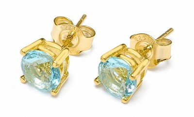 GENUINE 2.10 Cts AQUAMARINE STUD EARRINGS 14k YELLOW GOLD PLATED (.925) - NWT