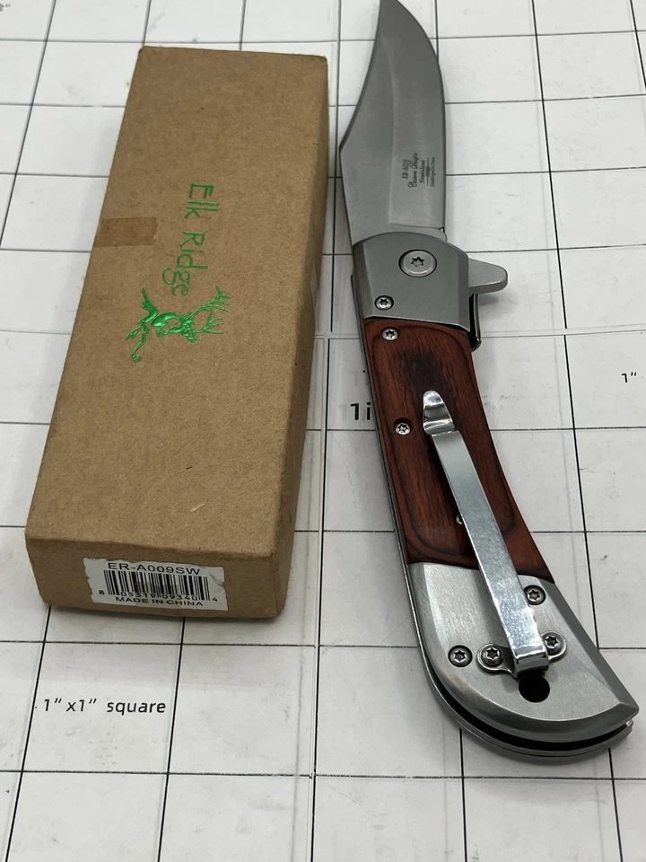 ELK RIDGE SPRING ASSISTED KNIFE ERA009SW WOOD HANDLE POCKET CLIP NOS EDC KNIVES - Image 4 of 4