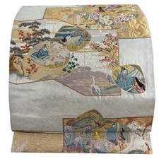 JAPANESE KIMONO BELT FUKURO OBI PURE SILK SILVER OTAIKO-GARA D5206