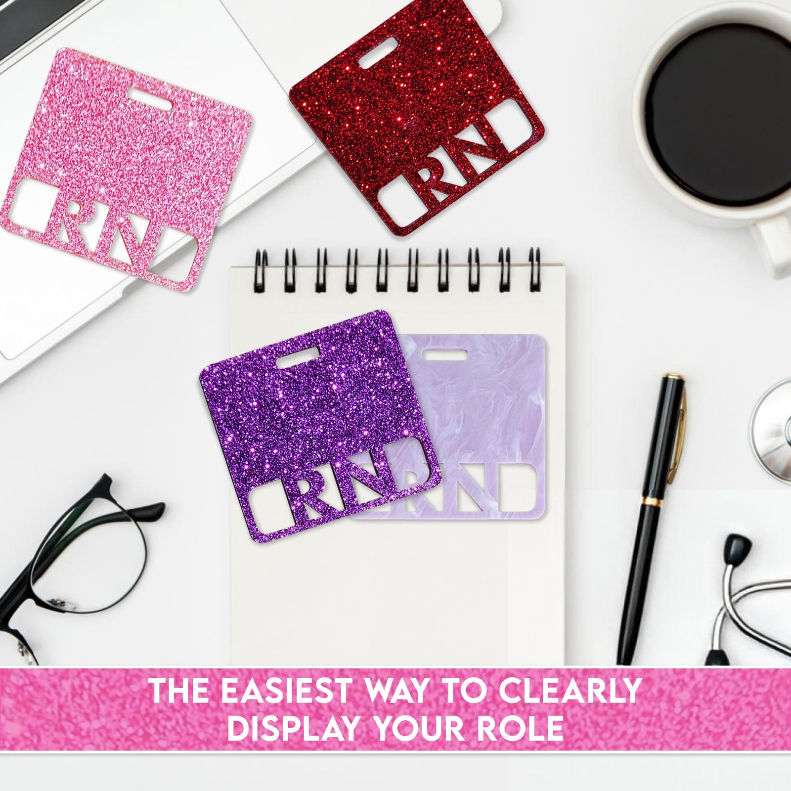 как выглядит RN Badge Buddy Horizontal Registered Nurse Acrylic Card Pink Glitter ID Standard фото
