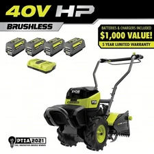 RYOBI 40V HP Brushless 18 in Rear Tine Tiller w Four 6Ah Batteries & Charger
