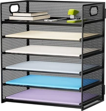 6 Tier Paper Organizer Letter Tray - Mesh Desk File Organizer with Handle, Paper