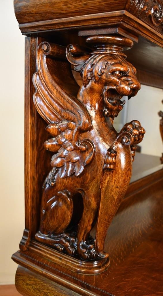 1890s Antique RJ Horner Tiger Oak carved winged Griffin Server