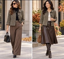 Harve Benard Vintage Tweed Blazer Jacket Women  s M Brown Boxy Cropped 3/4 Sleeve