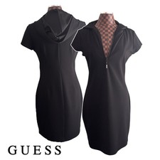GUESS Black Hoodie Dress Sz Large Half Zip Short Sleeve Crepe Shift Knee Length