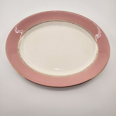 Vintage Homer Laughlin Pink Laurel Feathers Serving Platter Gold Accents 13 1/2''