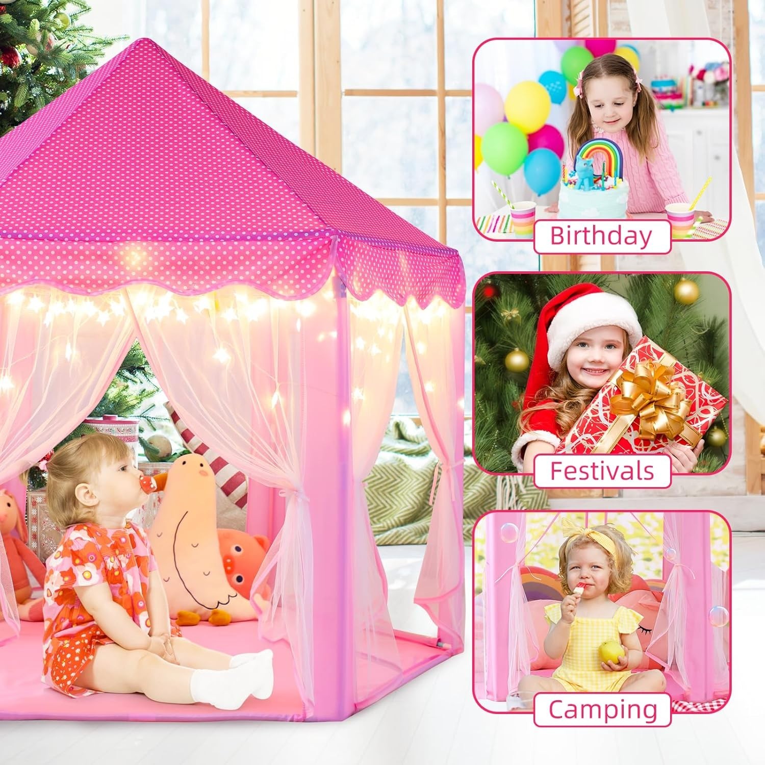 Princess Castle Play Tent for Kids with Star Lights - 55'' x 53'' Indoor/Outdoor