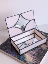 Handmade Stained Glass Trinket Jewelry Box Pink Iridescent Clear Diamond 6.7x4.4