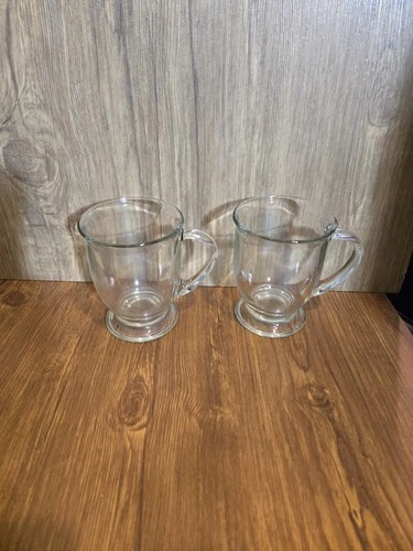 VTG Anchor Hocking Café Clear Glass Mugs W/ Handle Set of 2 Coffee Hot Beverages